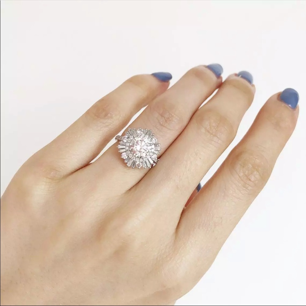 New925 Silver Large Flower Diamond Engagement Ring - Picture 4 of 5